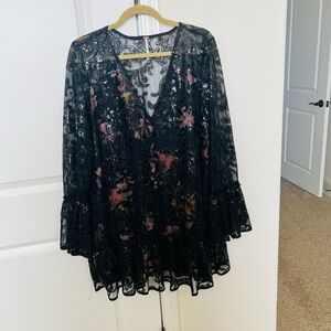 Free People Black Sheer Floral Sequin Tunic Dress